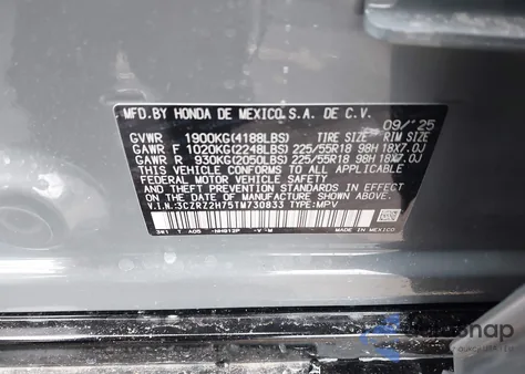 2026 Honda Hr-V Awd Ex-L from USA, damaged, VIN 3CZRZ2H75TM730833